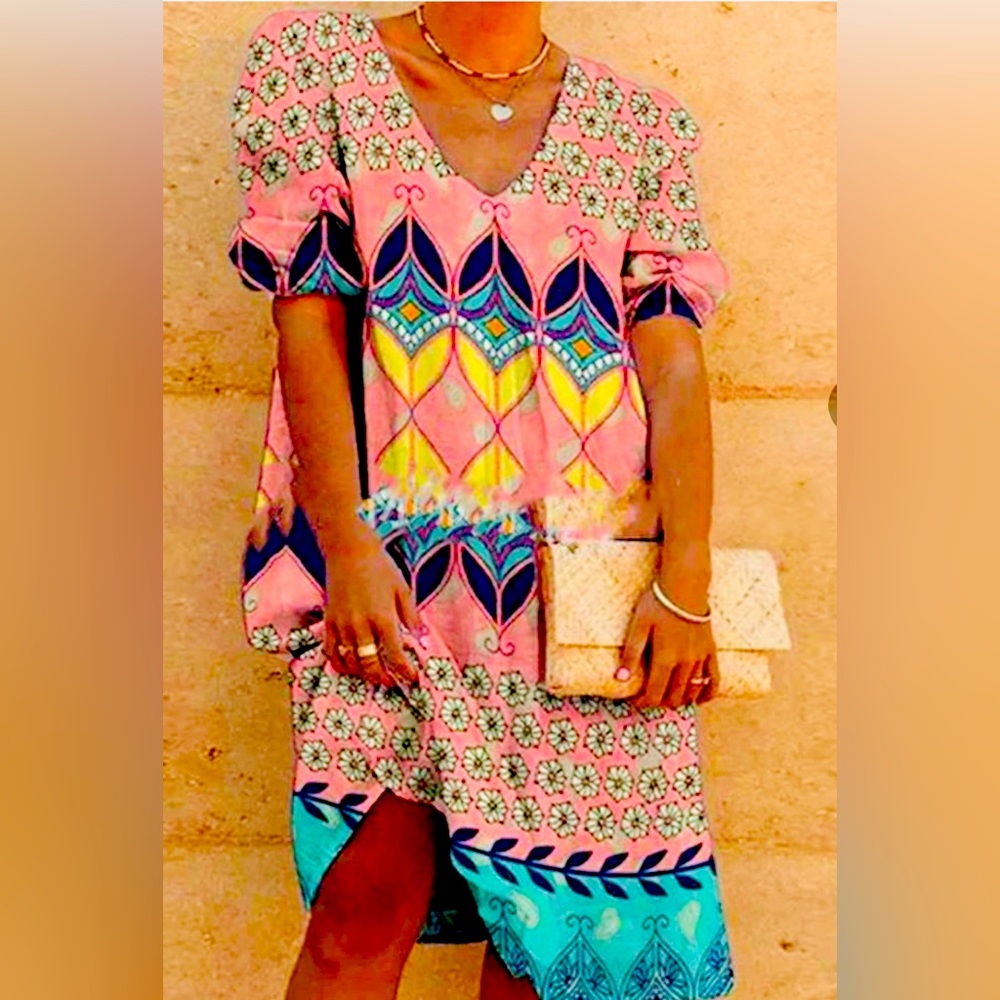 Made with Love Women’s Floral Short Sleeves Kaftan Multicolor Dress. Size XL